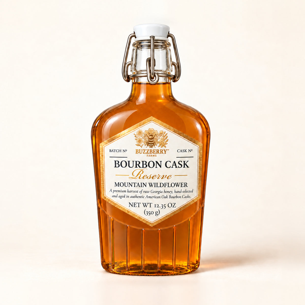 Bourbon Cask Reserve Mountain Wildflower honey in the current swing-top bottle