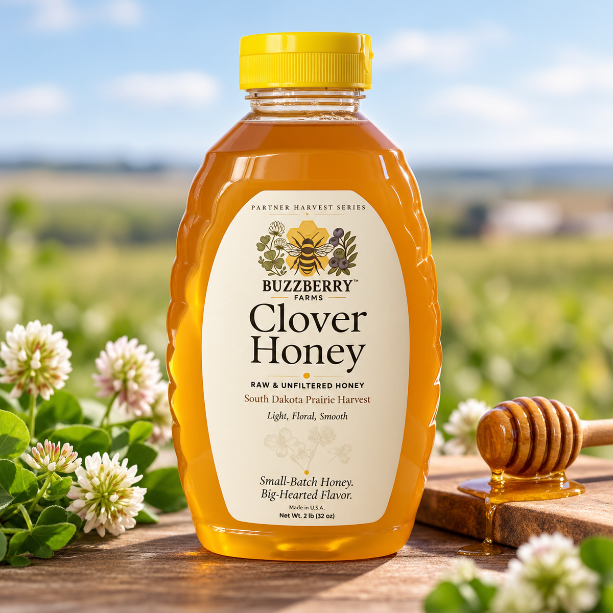 Buzzberry Farms Clover Honey 2 lb squeeze bottle front hero