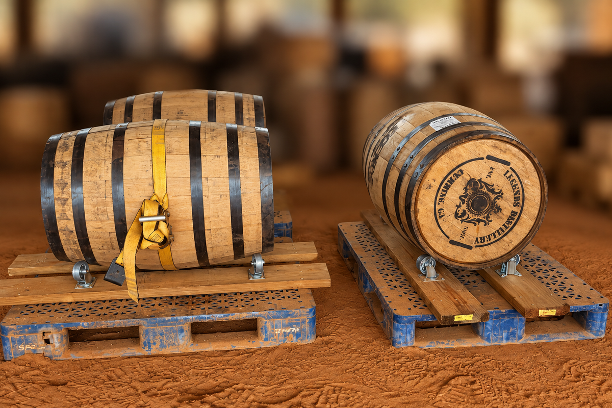 Buzzberry Farms bourbon casks on wooden rolling supports, with the workshop background softened