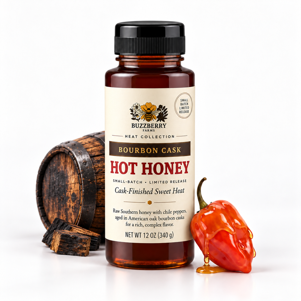 Buzzberry Farms Bourbon Cask Hot Honey, 12 oz squeeze bottle