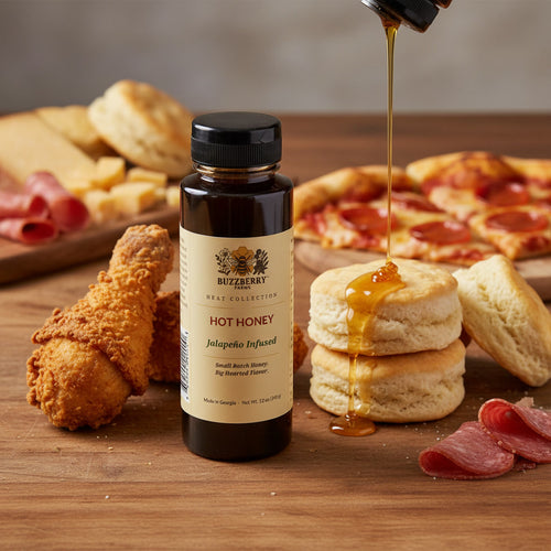 Buzzberry Farms Jalapeno-Infused Hot Honey with biscuits, pizza, fried chicken, cheese, and charcuterie