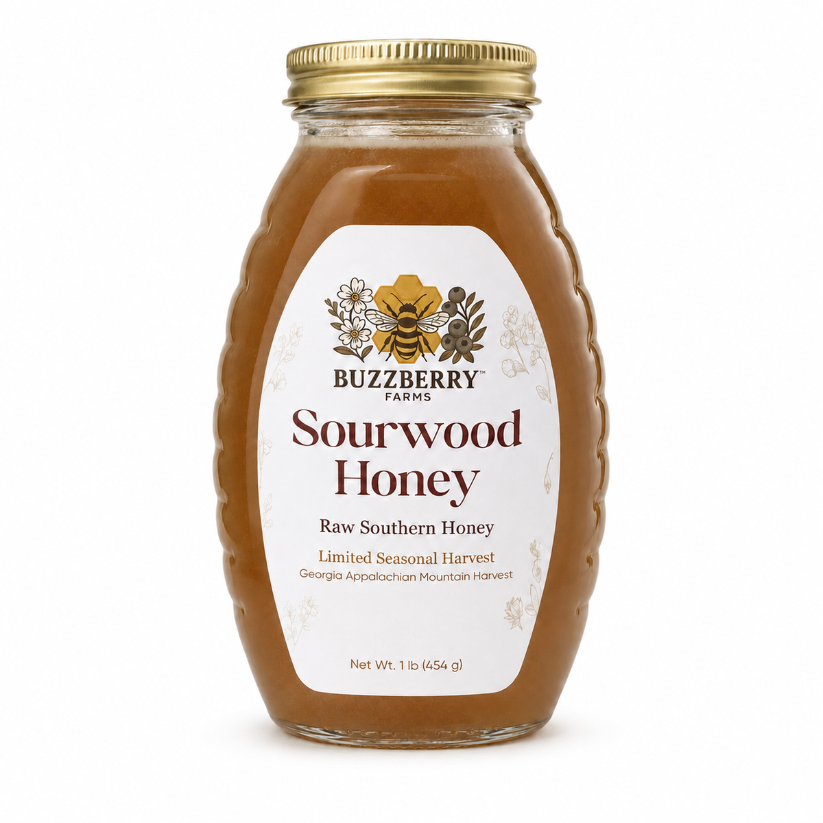 Buzzberry Farms Sourwood Honey, 1 lb glass jar