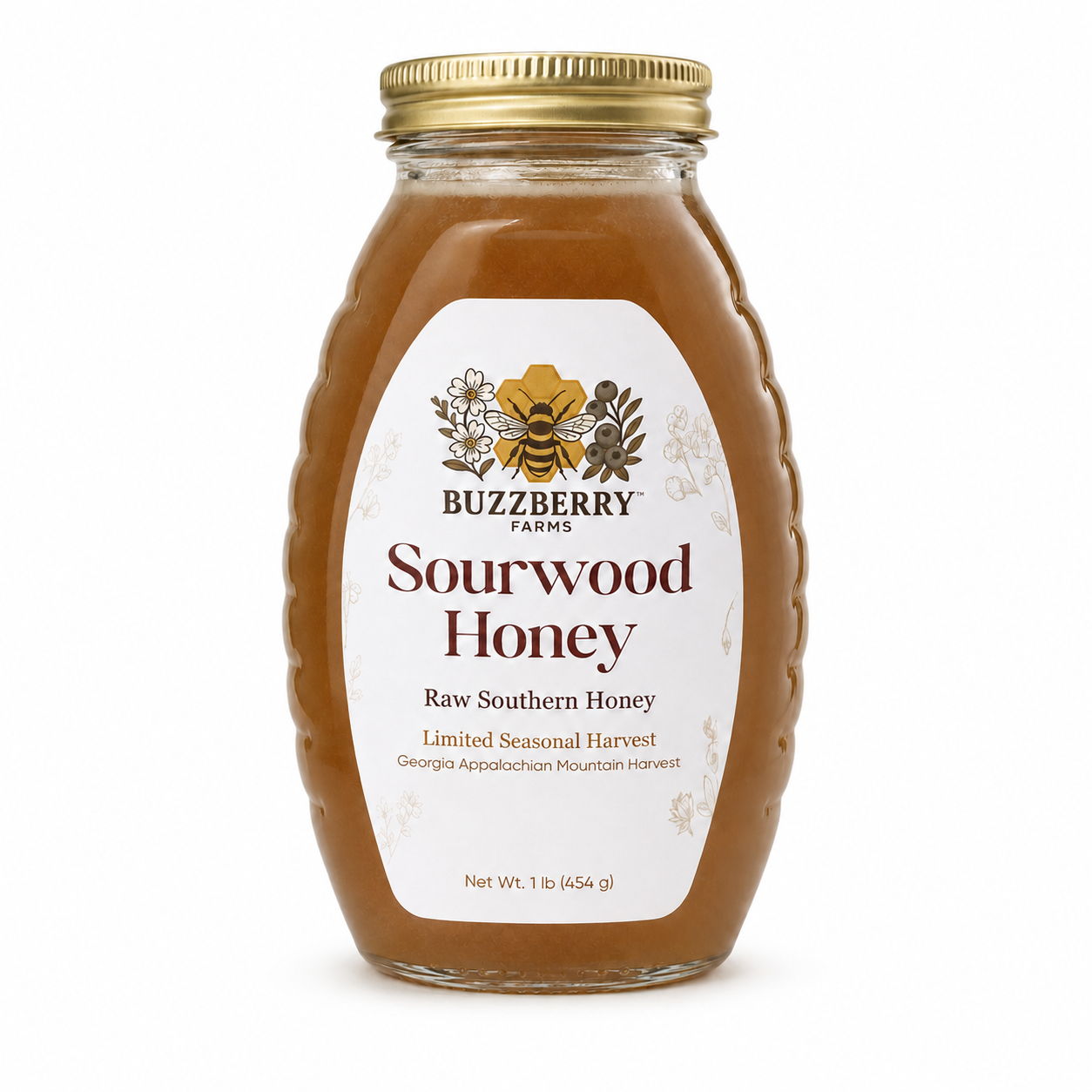 Buzzberry Farms Sourwood Honey, 1 lb glass jar