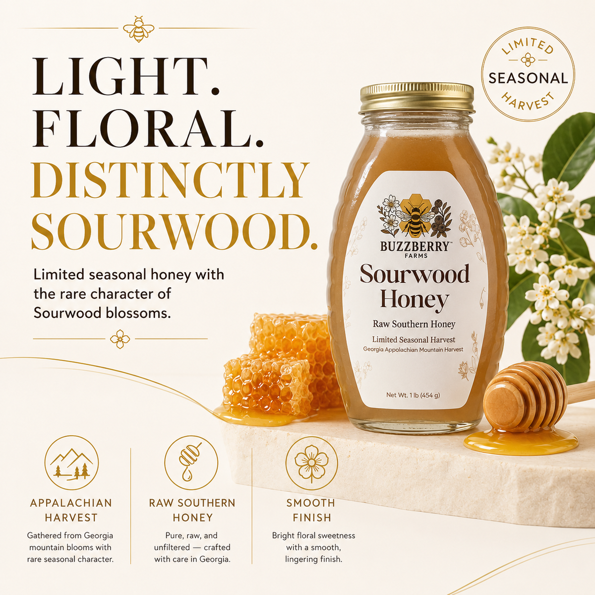 Buzzberry Farms Sourwood Honey tasting-note graphic