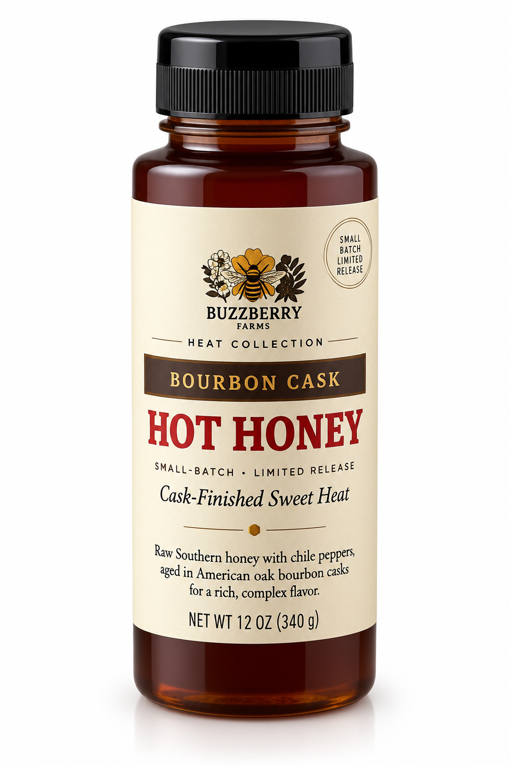 Buzzberry Farms Bourbon Cask Hot Honey product and pepper presentation