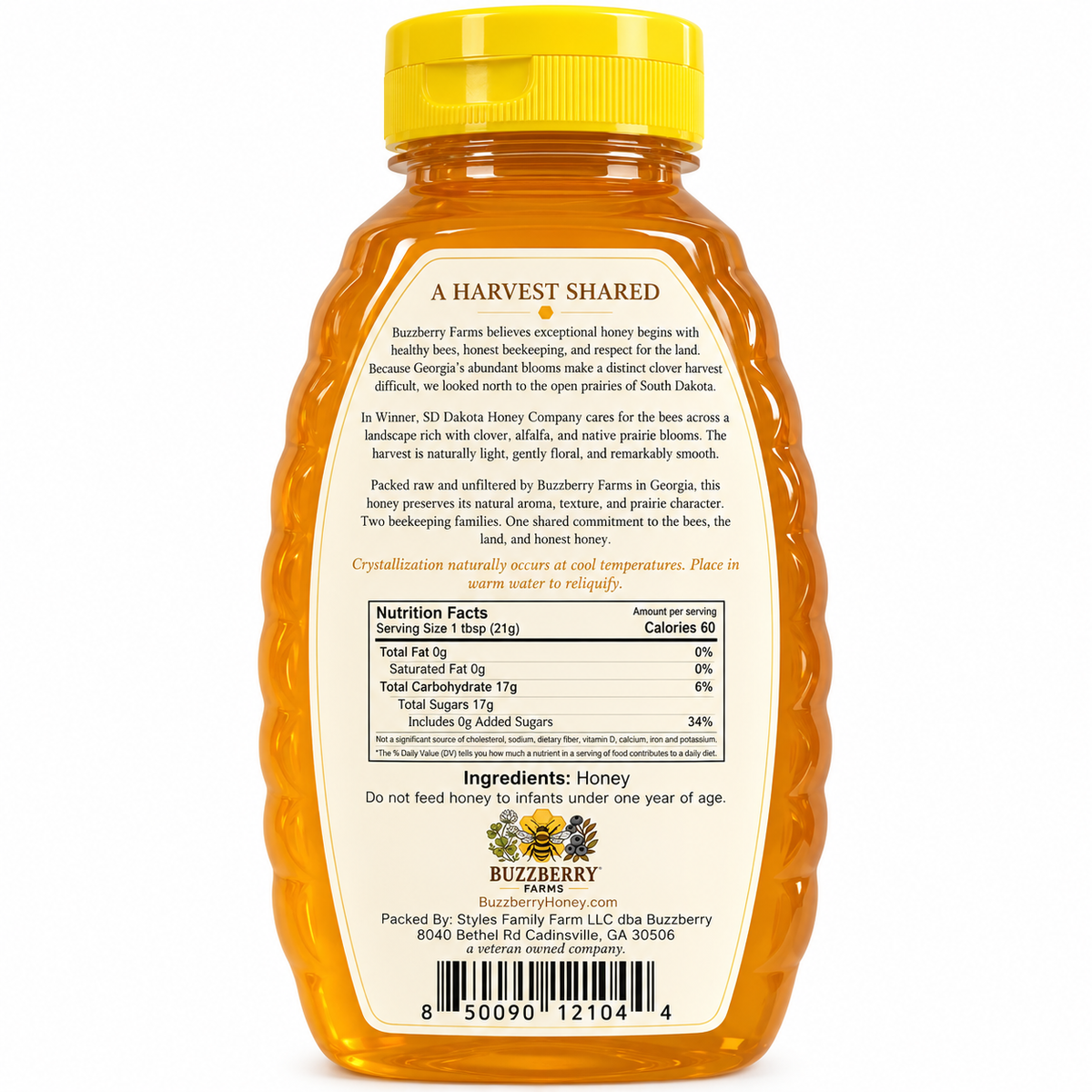 Buzzberry Farms Clover Honey 1 lb squeeze bottle back label