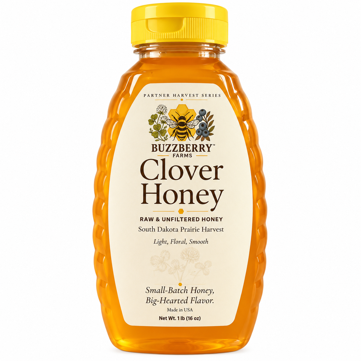 Buzzberry Farms Clover Honey 1 lb squeeze bottle front