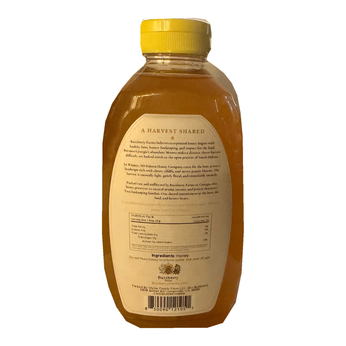 Buzzberry Farms Clover Honey 2 lb squeeze bottle rear label