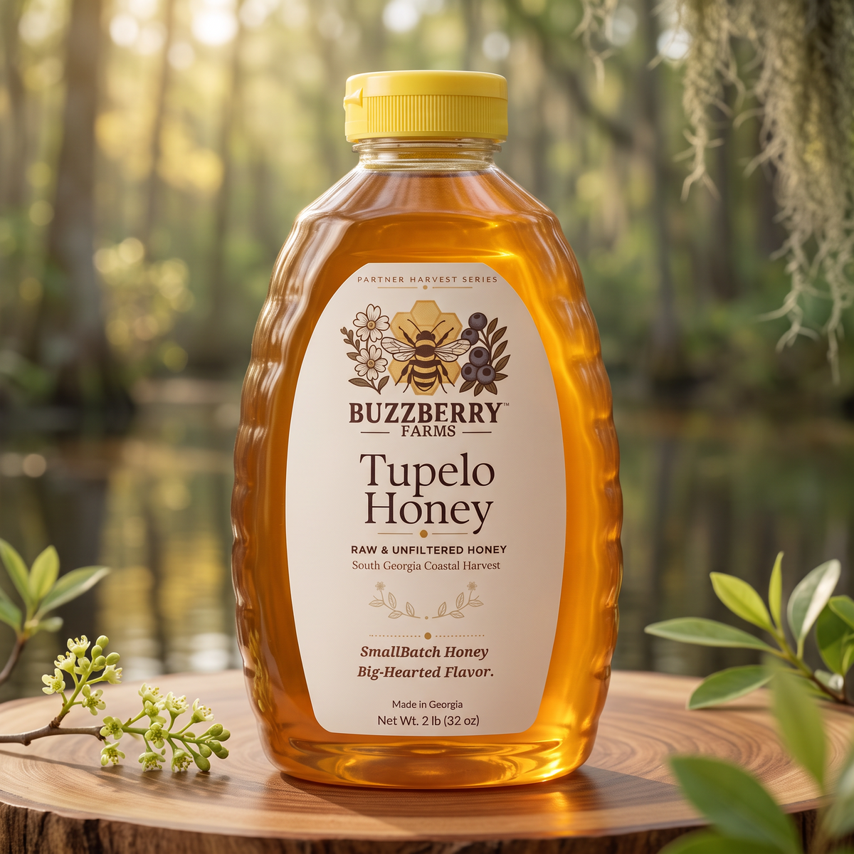 Buzzberry Farms Georgia Tupelo Honey 2 lb squeeze bottle in a Southern woodland setting