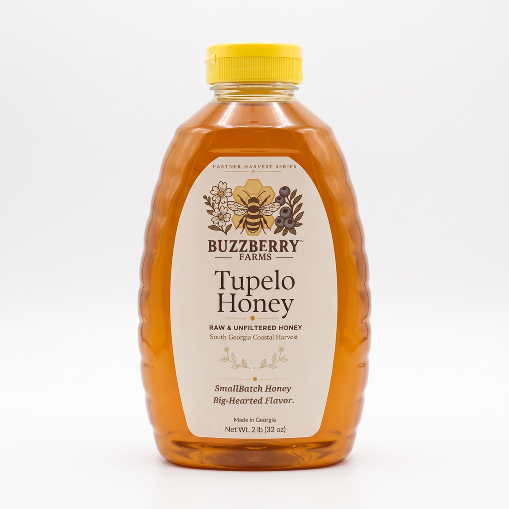 Buzzberry Farms Georgia Tupelo Honey 2 lb squeeze bottle, front label, white background