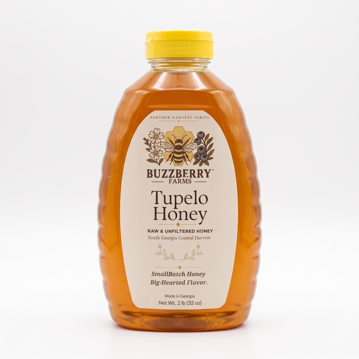 Buzzberry Farms Georgia Tupelo Honey 2 lb squeeze bottle, front label, white background