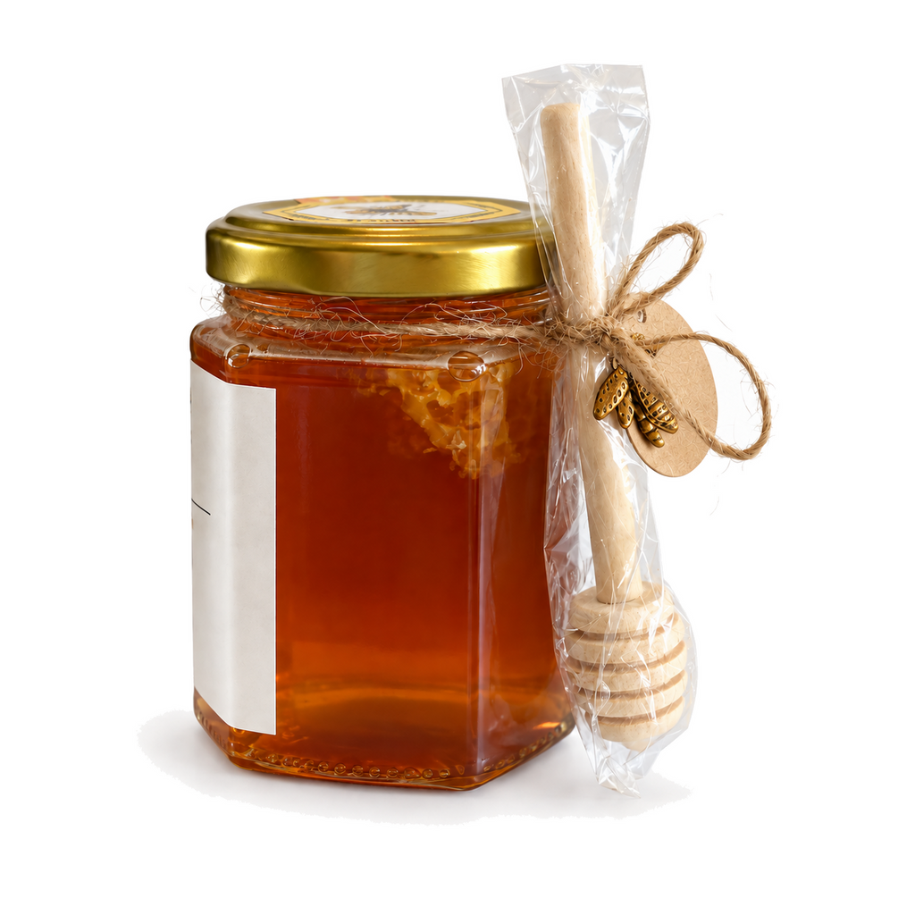 Buzzberry Farms Local Wildflower Honey with Cut Comb, 8 oz glass jar — side view showing cut comb and wooden honey dipper