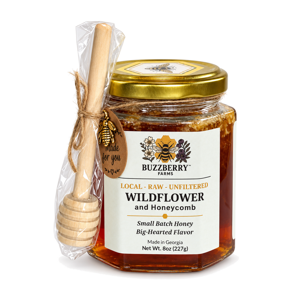 Buzzberry Farms Local Wildflower Honey with Cut Comb, 8 oz glass jar with wooden honey dipper — front