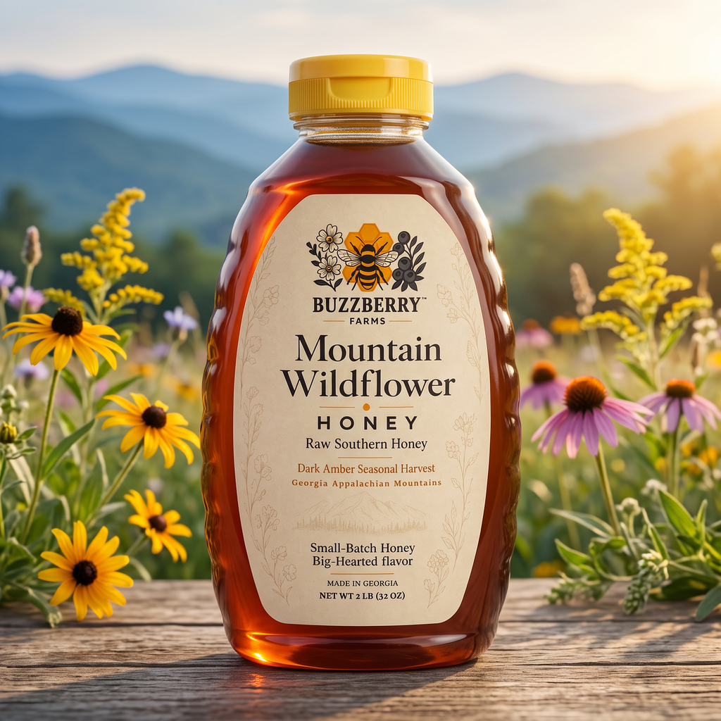 Buzzberry Farms Mountain Wildflower Honey, 2 lb squeeze bottle in a Georgia mountain wildflower setting