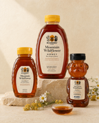 Buzzberry Farms Mountain Wildflower Honey family: 12 oz honey bear, 1 lb squeeze bottle, and 2 lb squeeze bottle