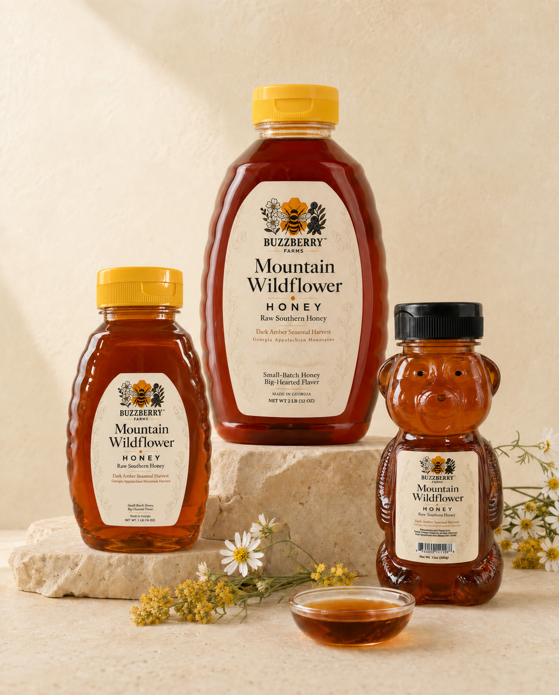 Buzzberry Farms Mountain Wildflower Honey family: 12 oz honey bear, 1 lb squeeze bottle, and 2 lb squeeze bottle