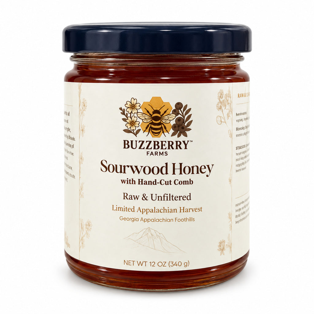 Buzzberry Farms Sourwood Honey with Cut Comb, 12 oz glass jar — front
