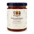 Buzzberry Farms Sourwood Honey with Cut Comb, 12 oz glass jar — front