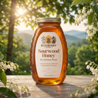 Buzzberry Farms Sourwood Honey 2 lb glass jar with Appalachian mountain and sourwood blossom setting