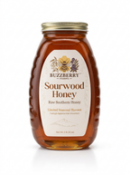 Buzzberry Farms Sourwood Honey 2 lb glass jar, front label, white background