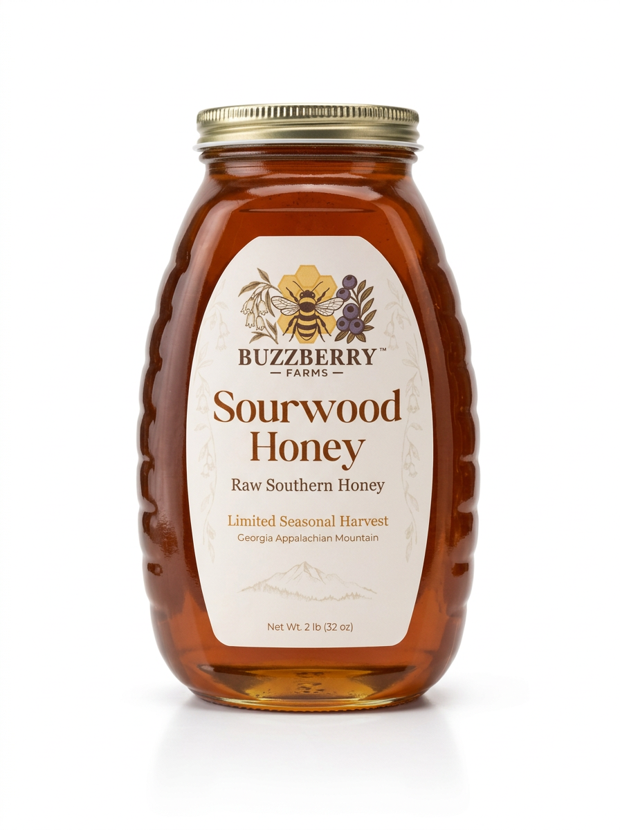 Buzzberry Farms Sourwood Honey 2 lb glass jar, front label, white background