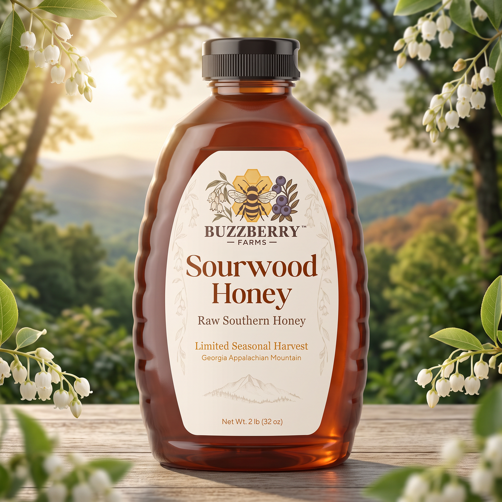 Buzzberry Farms Sourwood Honey 2 lb squeeze bottle with Appalachian mountain and sourwood blossom setting
