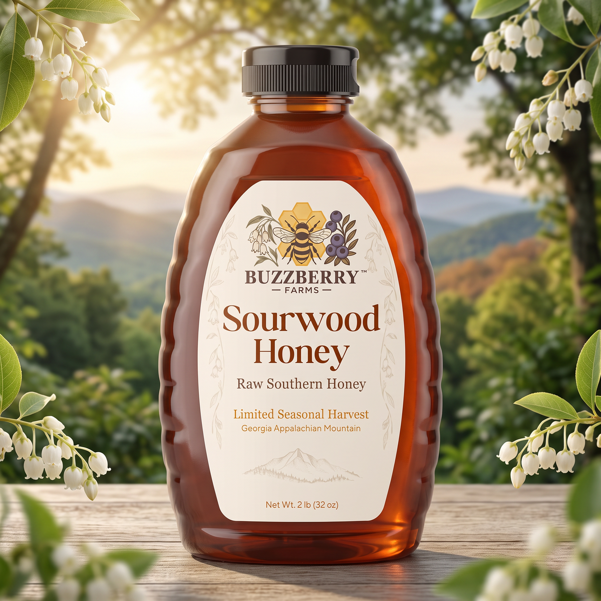 Buzzberry Farms Sourwood Honey 2 lb squeeze bottle with Appalachian mountain and sourwood blossom setting