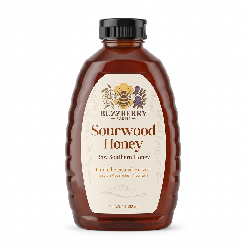 Buzzberry Farms Sourwood Honey 2 lb squeeze bottle, front label, white background