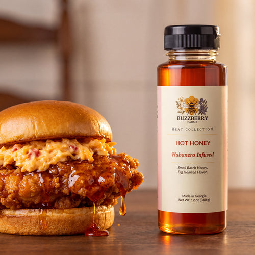 Buzzberry Farms Habanero-Infused Hot Honey on a chicken sandwich