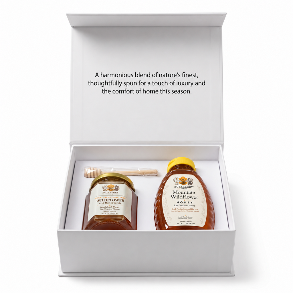 Buzzberry Farms Holiday Honey Gift Box with Local Wildflower cut comb honey and Mountain Wildflower honey