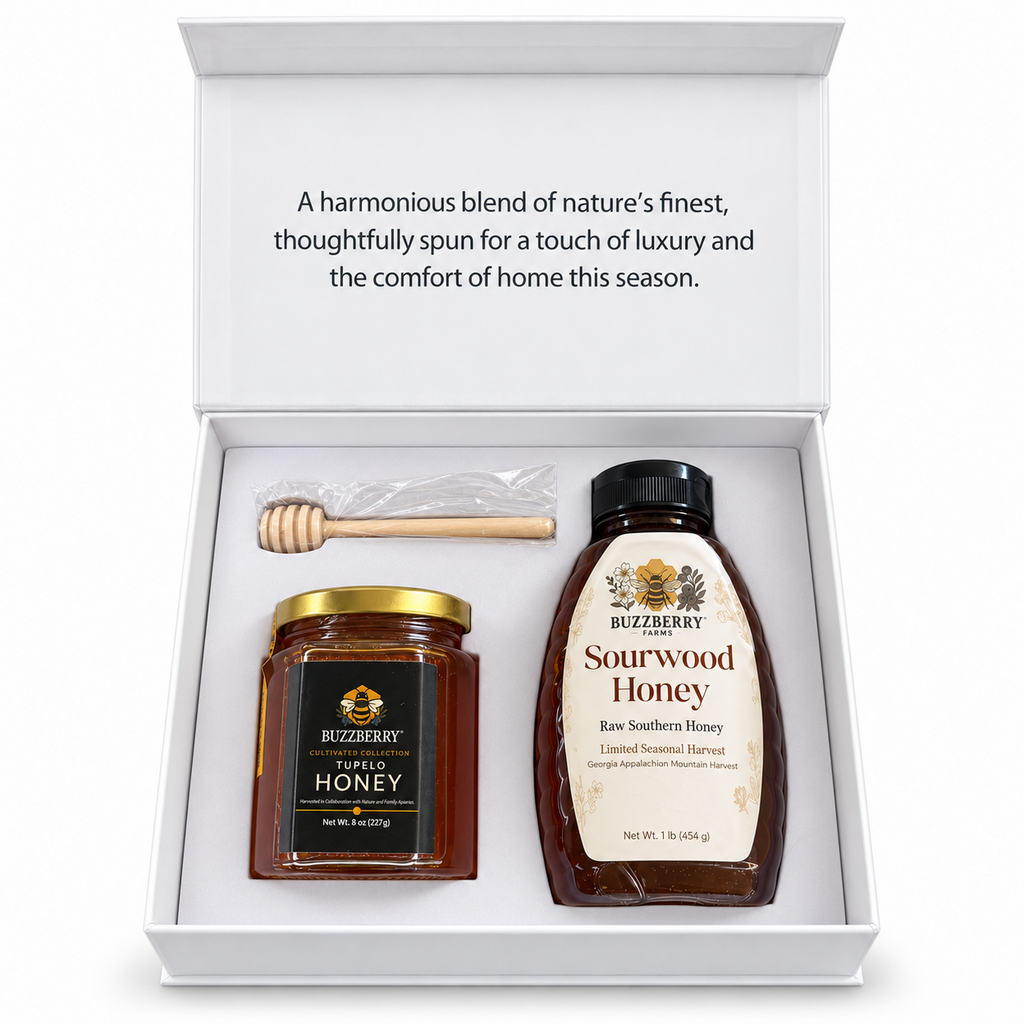 Buzzberry Farms Holiday Honey Gift Box with Tupelo honey and Sourwood honey