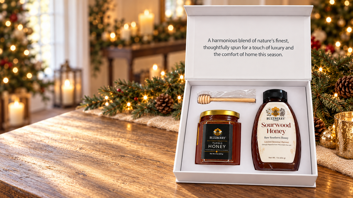 Buzzberry Farms Holiday Honey Gift Box with Tupelo honey and Sourwood honey in a holiday setting