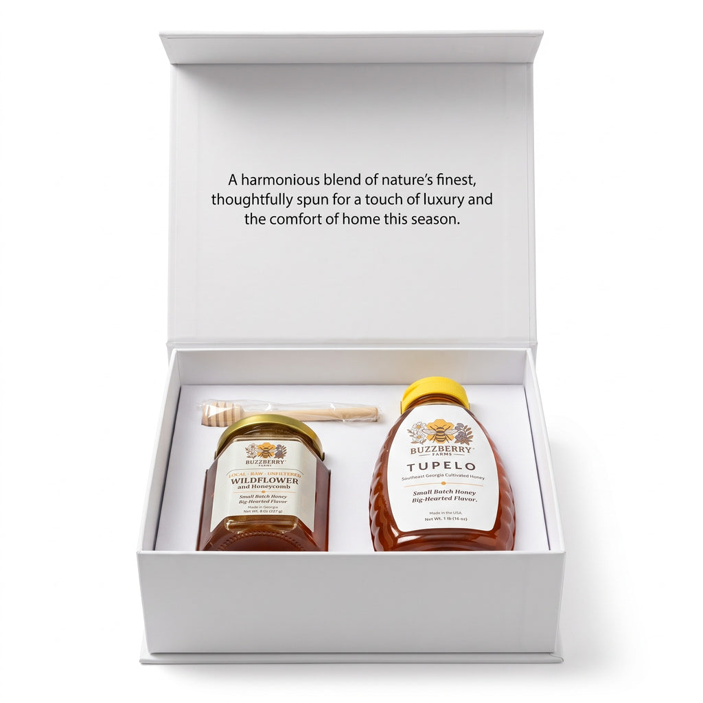 Buzzberry Farms Holiday Honey Gift Box with Local Wildflower cut comb honey and Tupelo honey