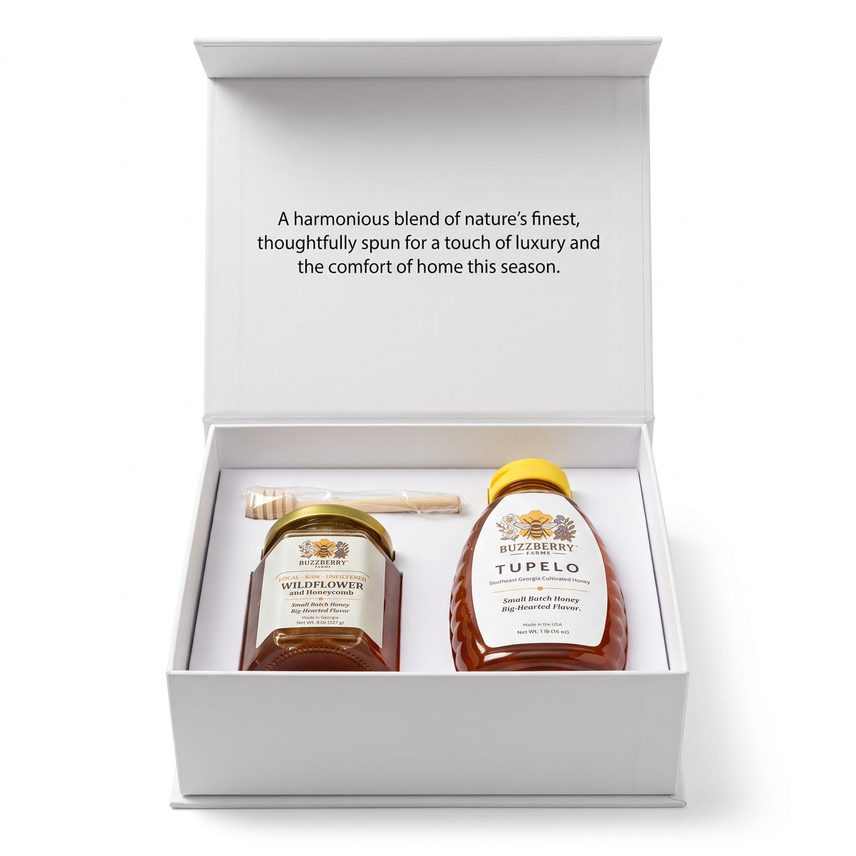 Buzzberry Farms Holiday Honey Gift Box with Local Wildflower cut comb honey and Tupelo honey