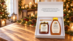 Buzzberry Farms Holiday Honey Gift Box with Local Wildflower cut comb honey and Clover honey in a holiday setting