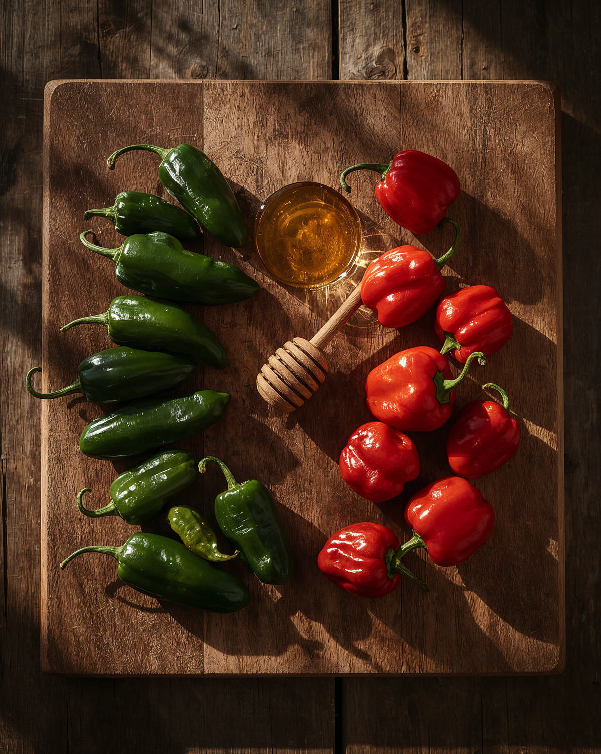 Green jalapeños and red habanero peppers with golden honey on a rustic wooden board