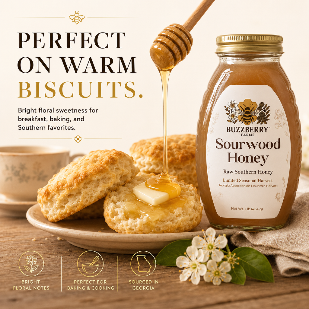 Buzzberry Farms Sourwood Honey with biscuits