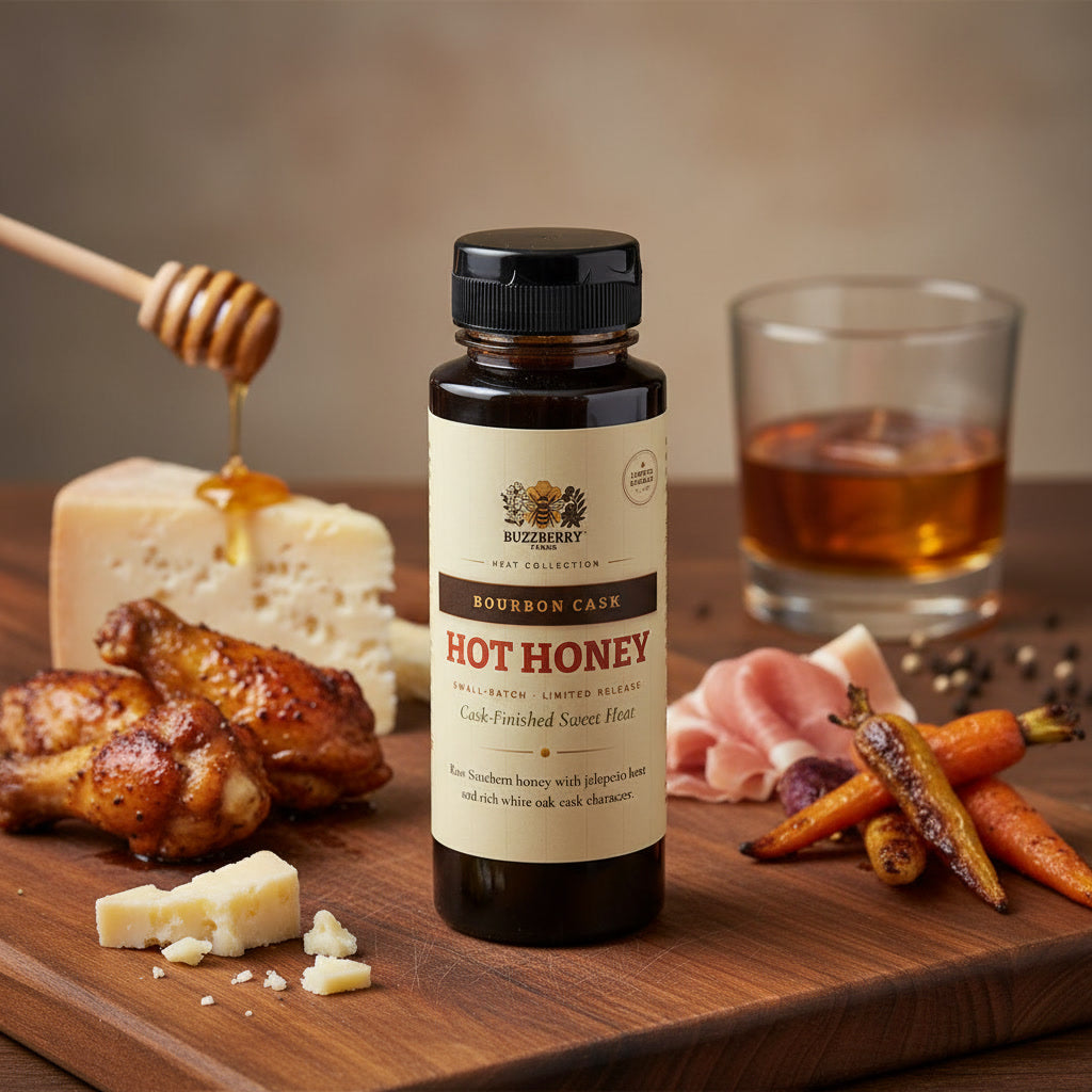 Buzzberry Farms Bourbon Cask Hot Honey serving inspiration with wings, roasted carrots, and cheese